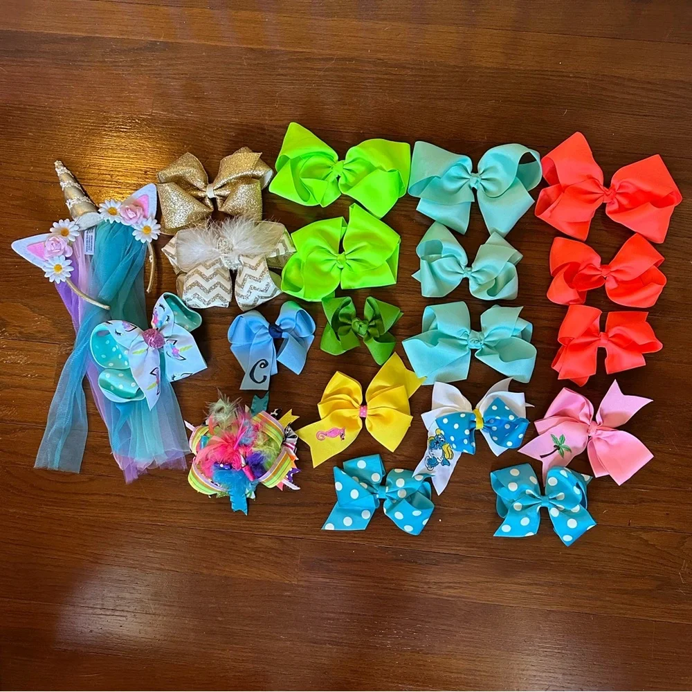 Girls Large Custom Boutique Hair Bow Feathers Rainbow Ribbon Zebra Polka Dot